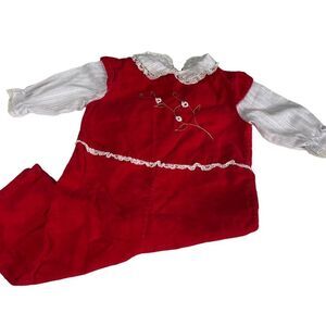 Vintage 1970s Red Corduroy Lace Collar Puff Sleeve Overall Jumpsuit